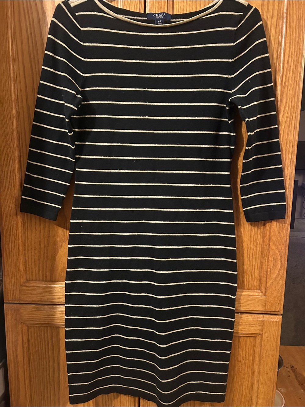 Chaps Black and Cream Striped Midi Dress